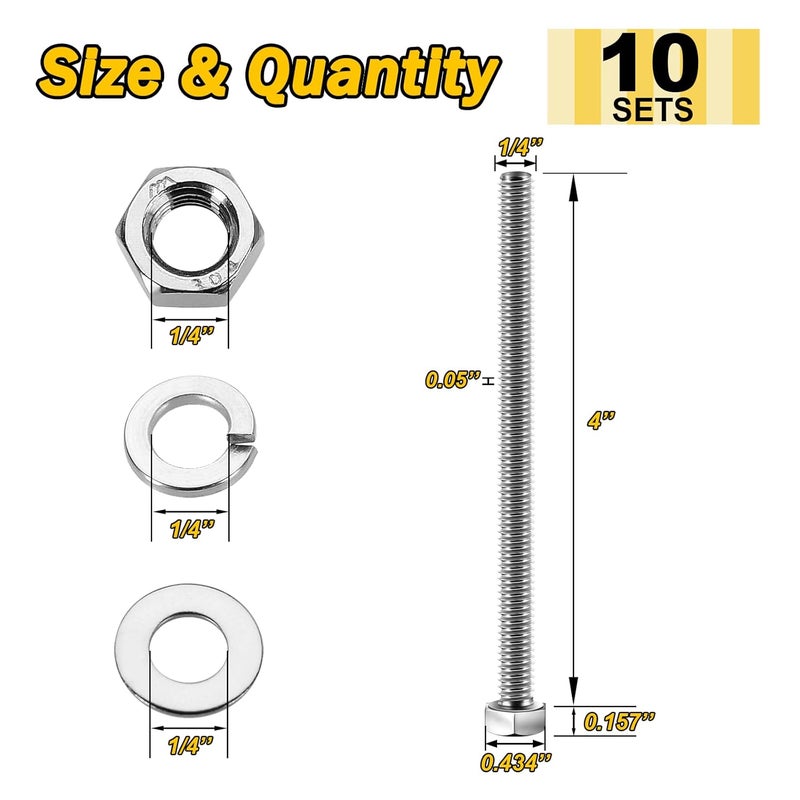 MYWISH (10 Sets) 1/4-20x4 Hex Head Assorted Screws Nuts and Bolts with Flat & Lock Washers, 304 Stainless Steel 18-8, Fully Threaded, 1/4 Bolt Metric Bolt Assortment - Image 2